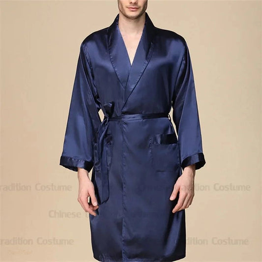 Peignoir Satin Homme Bleu Nuit - Robe de Chambre - Bleu Nuit - XXL