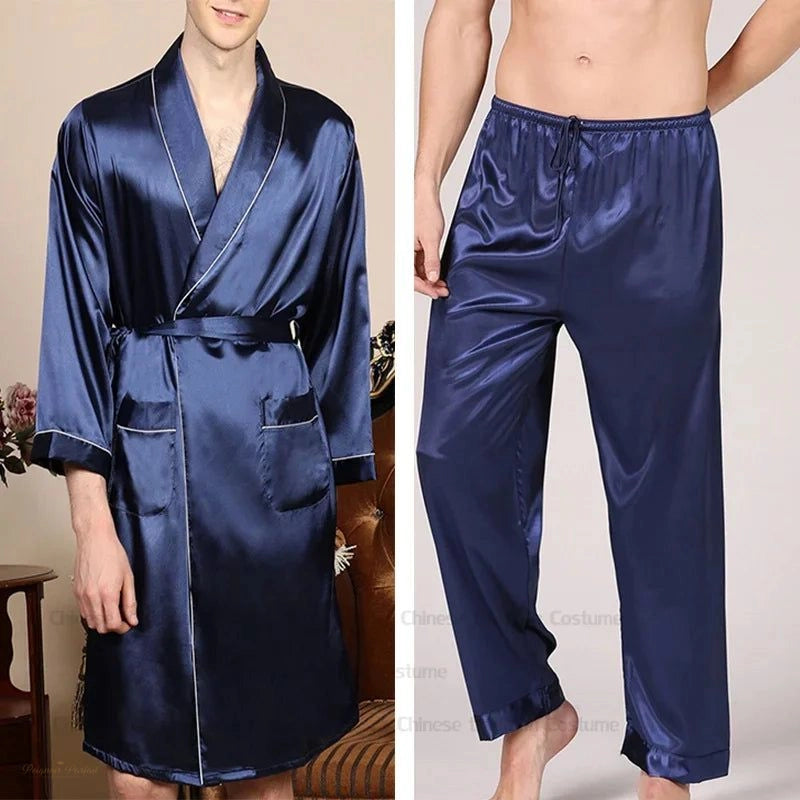 Peignoir Satin Homme Bleu Roi avec Pantalon - Bleu Roi - L