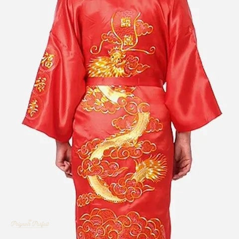 Peignoir Satin Homme Brodé Dragon Rouge Écarlate - Rouge Écarlate - S