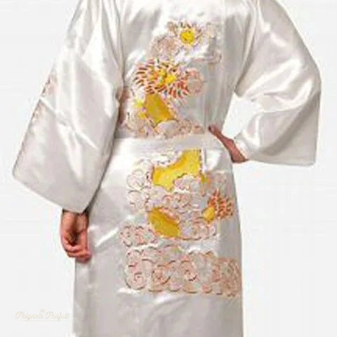 Peignoir Satin Homme Broderie Dragon Blanc Ivoire - Blanc Ivoire - S