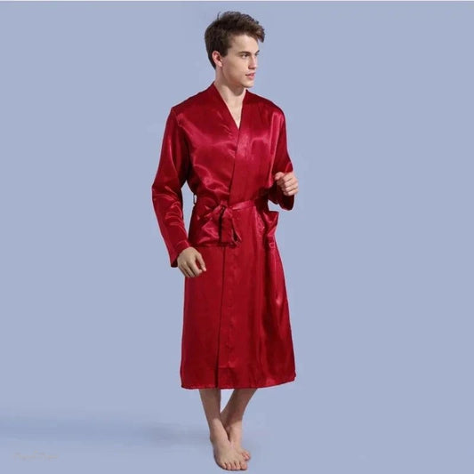 Peignoir Satin Homme Col V Rouge Élégant - Rouge Élégant - XXL