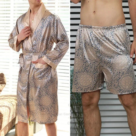 Peignoir Satin Homme Doré Et Bleu avec Short - Doré Et Bleu - XXXL
