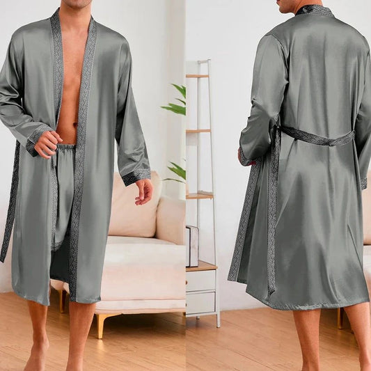 Peignoir Satin Homme Gris Perle - Pyjama 2 Pièces - Gris Perle - L