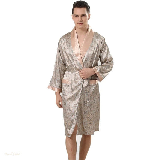 Peignoir satin homme imprimé doré - Grandes tailles - Imprimé Doré - XL