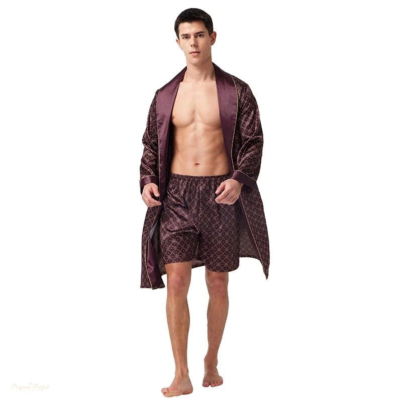 Peignoir satin homme manches longues marron motif - Marron Motif - XL