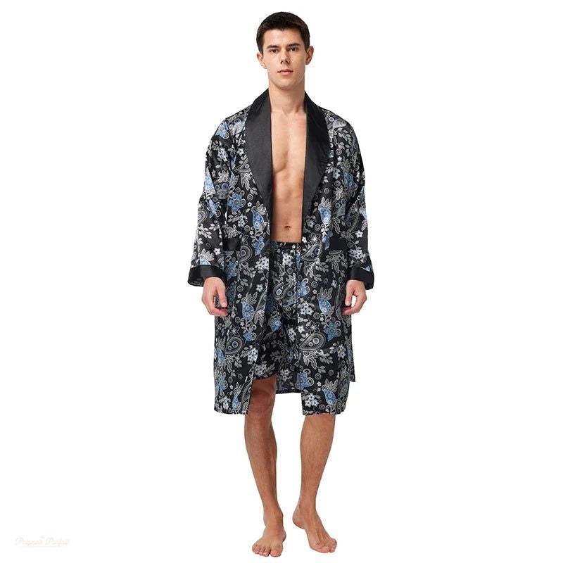 Peignoir Satin Homme Noir À Motif Floral avec Short - Noir À Motif - M