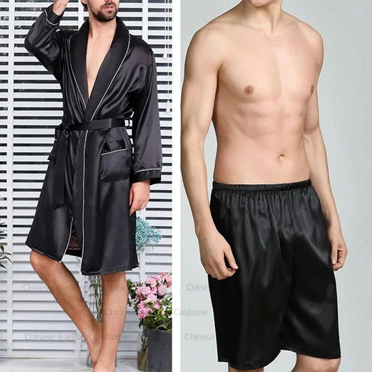 Peignoir Satin Homme Noir avec Short Assorti - Noir Satiné - 1XL