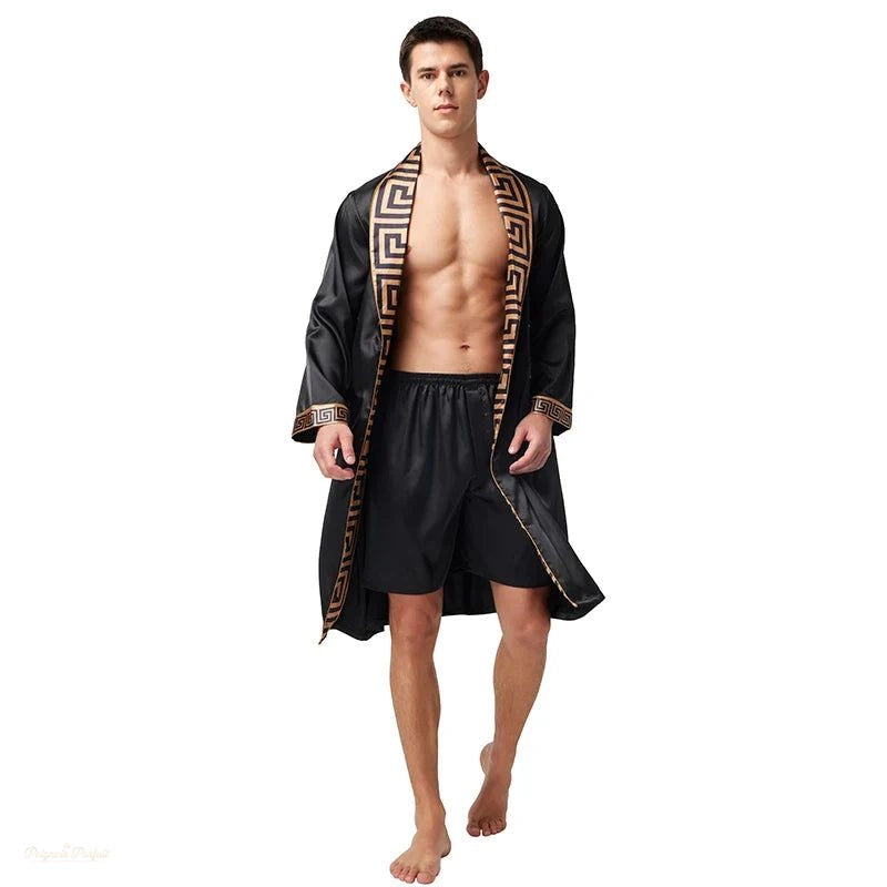 Peignoir Satin Homme Noir Doré - Pyjama Set - Noir Satiné À - M