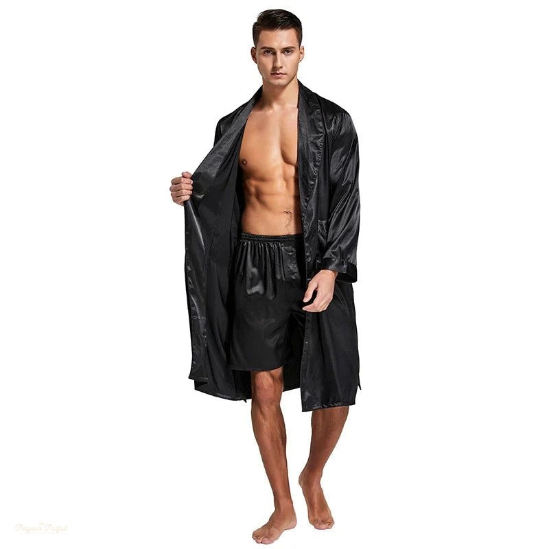 Peignoir Satin Homme Noir Élégant - Kimono Manches Longues - Noir Élégant - XL
