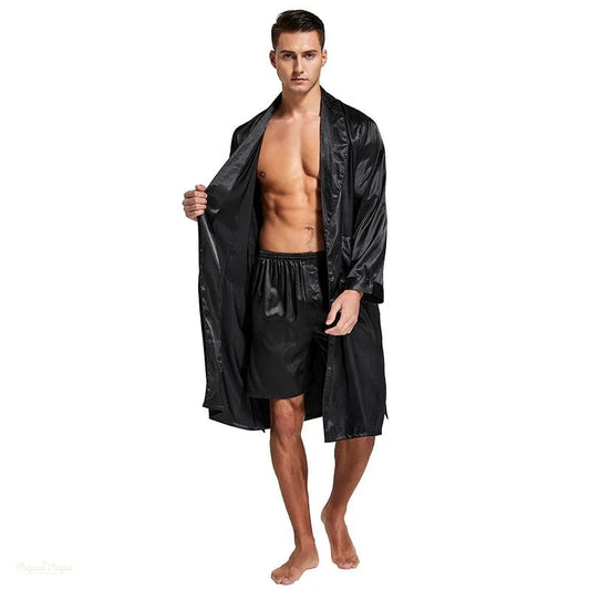 Peignoir Satin Homme Noir Élégant - Kimono Manches Longues - Noir Élégant - XL