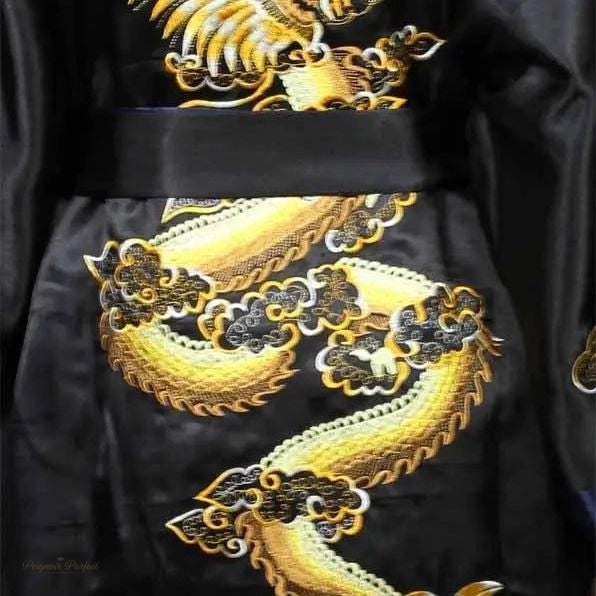 Peignoir Satin Homme Noir Profond Broderie Dragon - Noir Profond - S