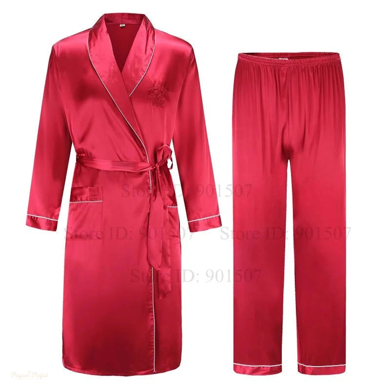Peignoir Satin Homme Rouge Bordeau Kimono - Rouge Bordeau - L