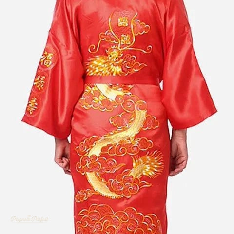 Peignoir Satin Homme Rouge Écarlate Brodé Dragon - Rouge Écarlate - L