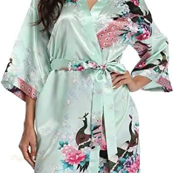 Peignoir Satin Imprimé Paon Femme Vert Menthe - Vert Menthe - XXL