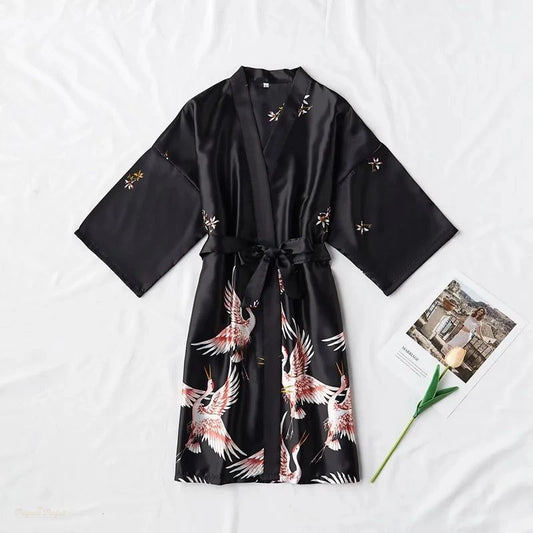 Peignoir Satin Noir Élégant Femme - Kimono Dressing Gown - Noir Élégant - XL