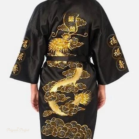 Peignoir Satin Noir Élégant Homme - Broderie Dragon - Noir Élégant - L