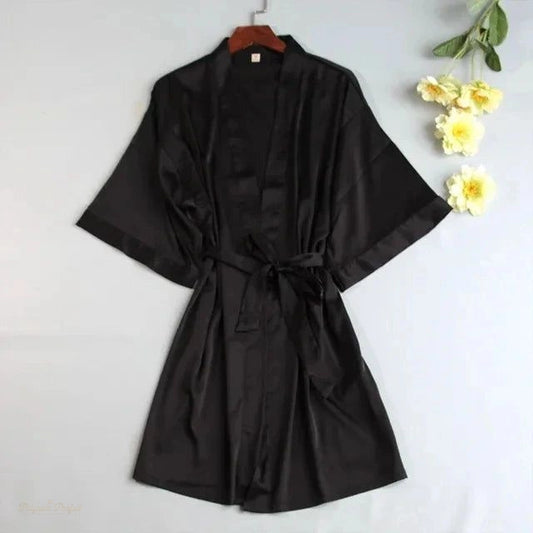 Peignoir Satin Noir Femme - Robe Kimono Élégante - Noir Élégant - M