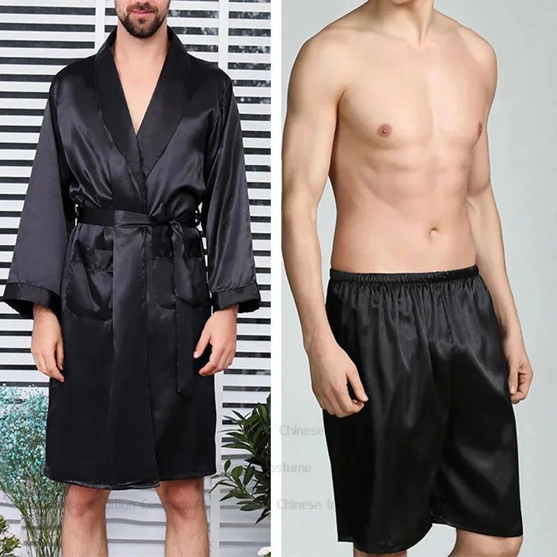 Peignoir Satin Noir Homme - Ensemble Nuit - Noir Satiné - XXXXL