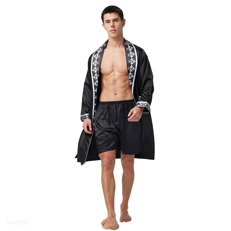 Peignoir Satin Noir Homme Manches Longues avec Short - Noir Satiné - XL