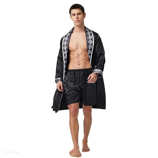 Peignoir Satin Noir Homme Manches Longues avec Short - Noir Satiné - XL