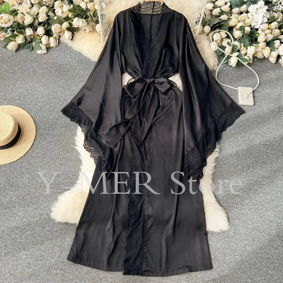 Peignoir Satin Noir Intense Dentelle Femme - Noir Intense - L