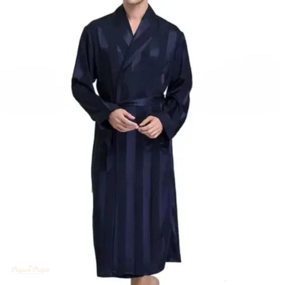 Peignoir Satin Rayé Bleu Nuit Homme - Kimono Luxe - Bleu Nuit - 5XL