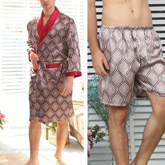 Pyjama Homme Satiné Rouge Et Beige avec Robe et Short - Rouge Et Beige - M