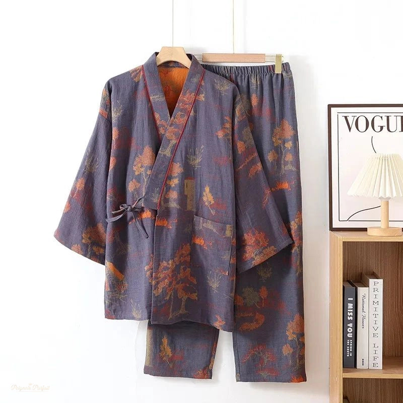 Pyjama Kimono Coton Bleu Charbonnier - Ensemble 2 Pièces - Bleu Charbonnier - M