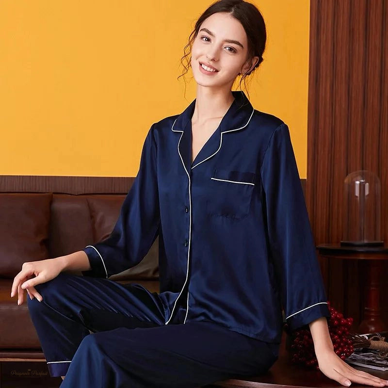 Pyjama Soie Femme Bleu Nuit Manches Longues - Bleu Nuit - M