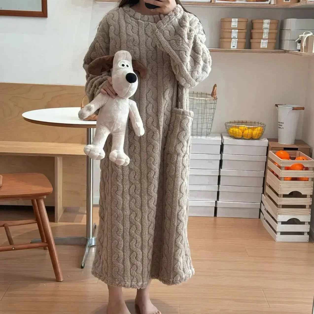 Robe de nuit longue flanelle gris foncé femme - Gris Foncé - One Size